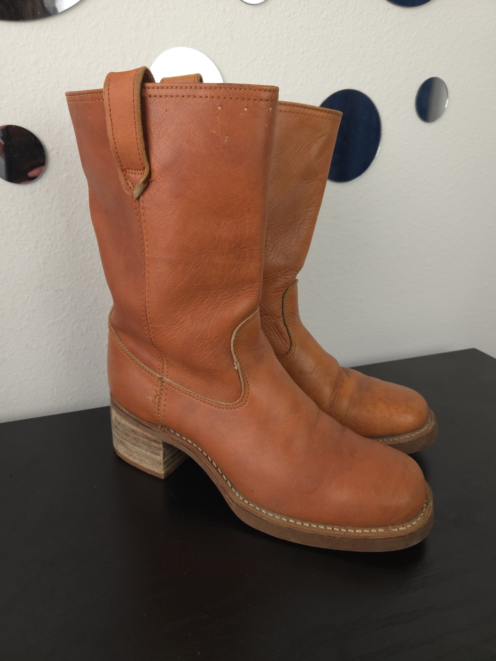 Vintage 70s Texas Steer Leather Campus Boots Square Toe Stacked Heel Mens 9 D